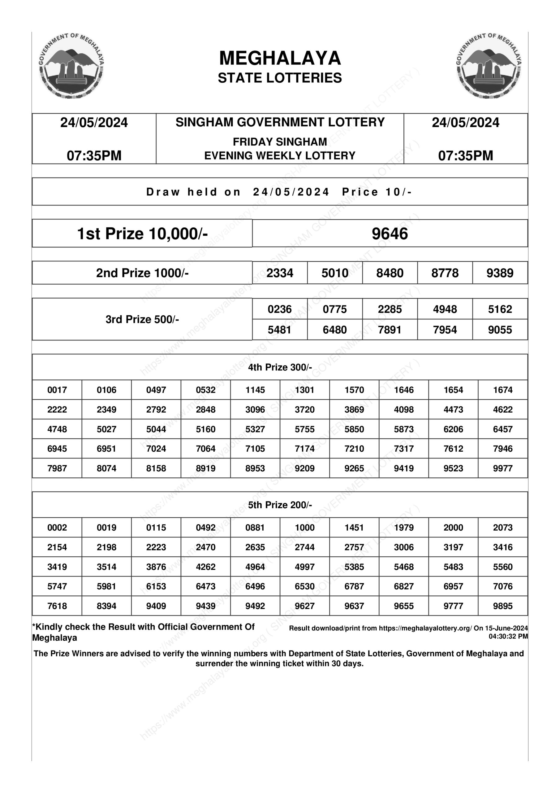 FRIDAY SINGHAM EVENING WEEKLY LOTTERY-2024-05-24